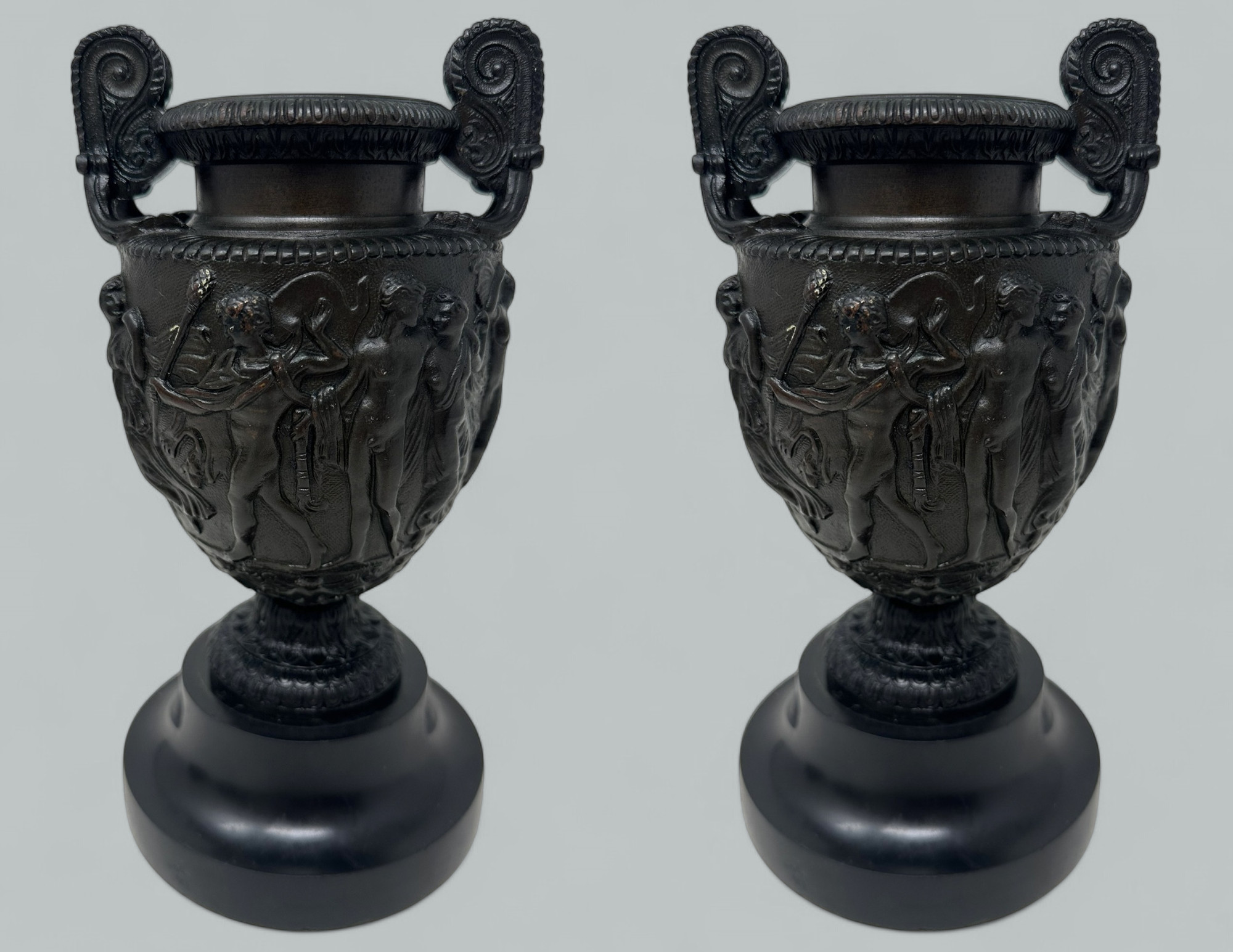 489. Antique Pair French Roman Bronze Townley Urns Vases Black Marble Grand Tour 19Ct - Image 2