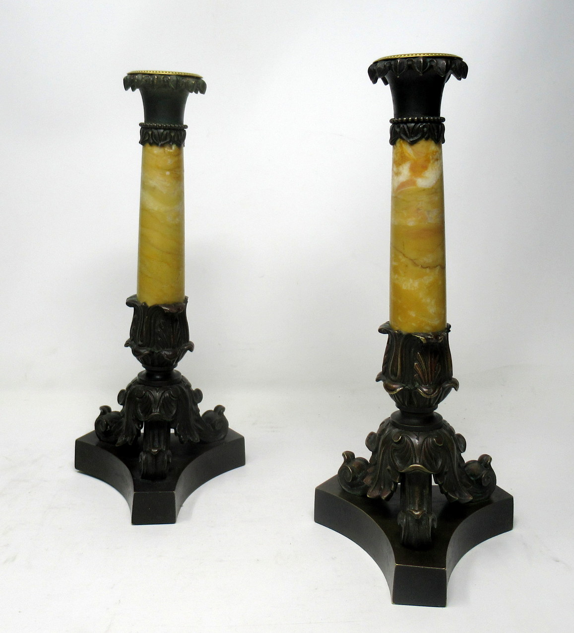 209. Antique Pair Grand Tour French Bronze Dore Sienna Marble Ormolu Candlesticks 19th Century - Image 4