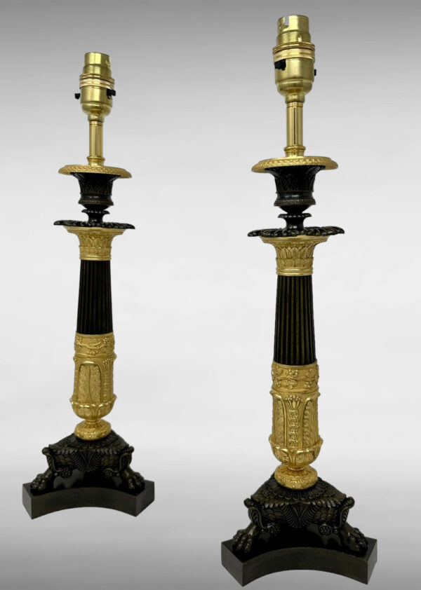 800. Antique Pair French Doré Bronze Neoclassical Ormolu Gilt Candlesticks Lamps