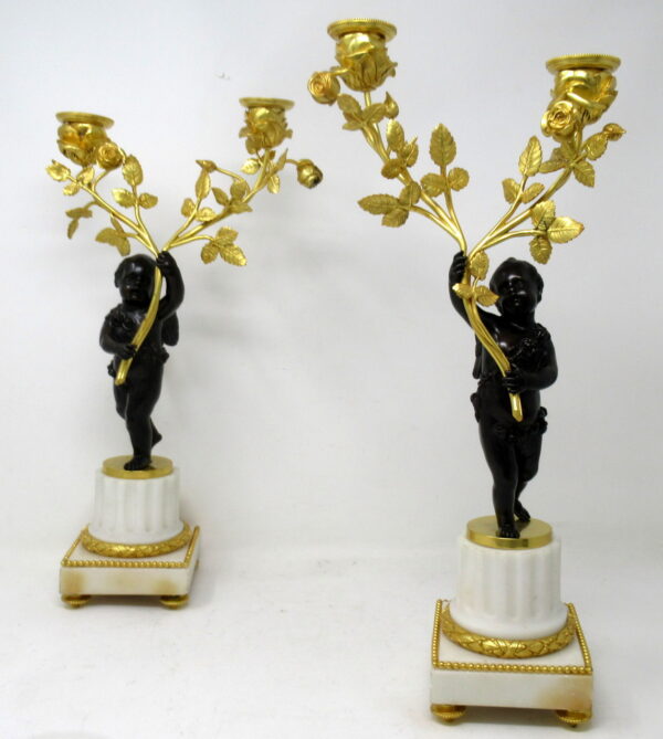 869. Antique Pair Gilt Bronze Ormolu Marble Twin Light Candelabra Clodion Grand Tour