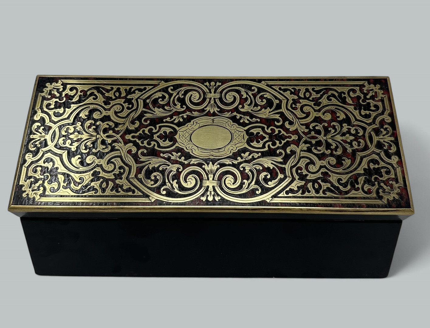 741. Antique Brass Inlaid Marquetry Boulle English Jewelry or Ladys Glove Box Casket - Image 7