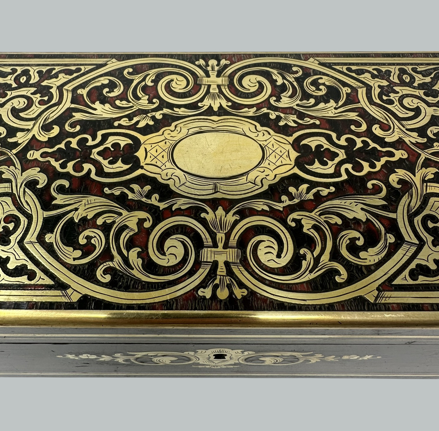 741. Antique Brass Inlaid Marquetry Boulle English Jewelry or Ladys Glove Box Casket - Image 6