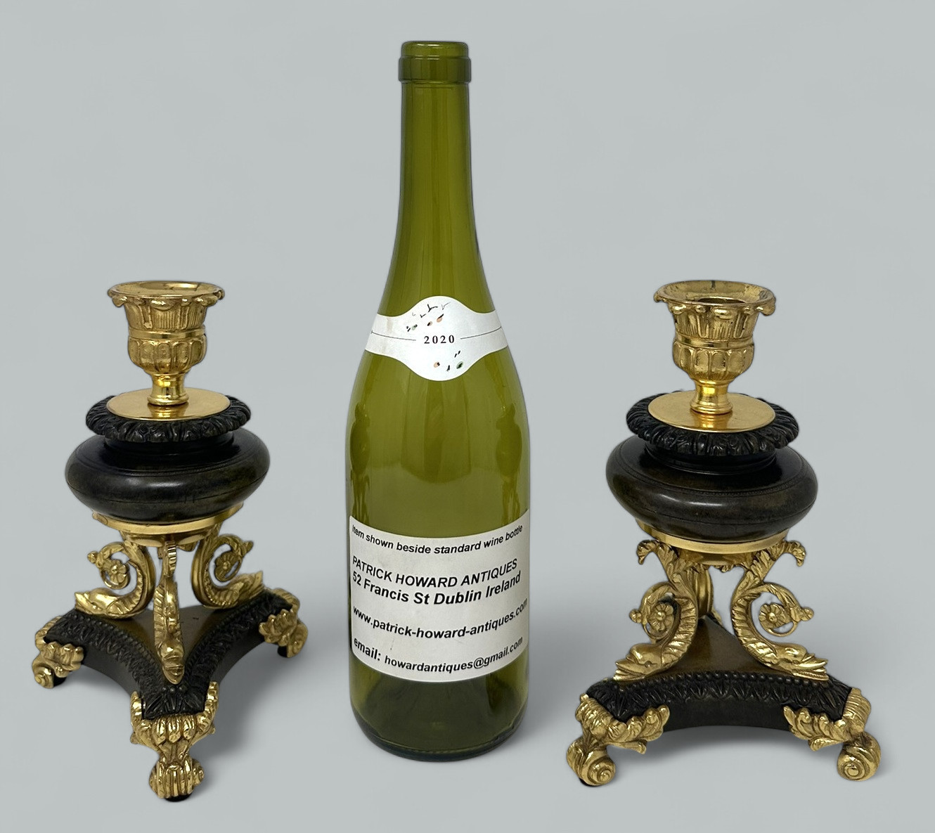 919. Antique Pair French Ormolu Gilt Bronze Dore Empire Candlesticks with Dolphins - Image 8