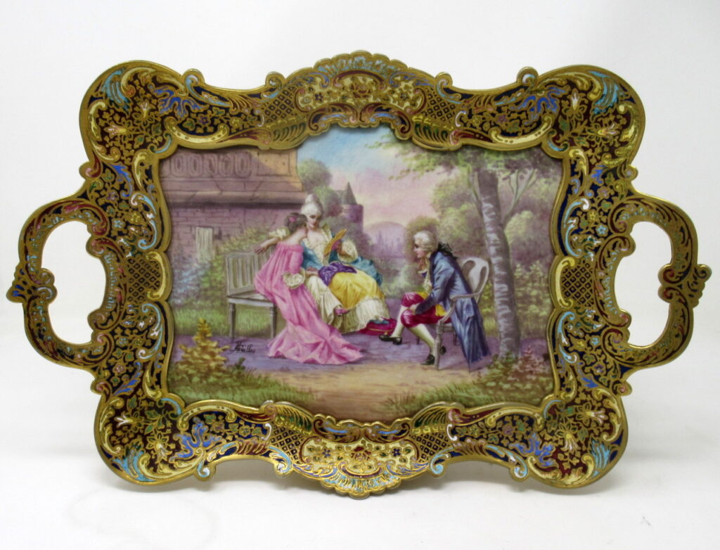 327. Antique Champleve Enamel Hand Painted Sevres Porcelain Ormolu Bronze Tray Signed
