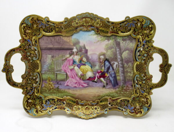 327. Antique Champleve Enamel Hand Painted Sevres Porcelain Ormolu Bronze Tray Signed