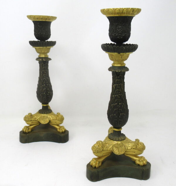 425. Pair of Ormolu Patinated Gilt Bronze Acanthus Empire-Style Candlesticks 19th Ct
