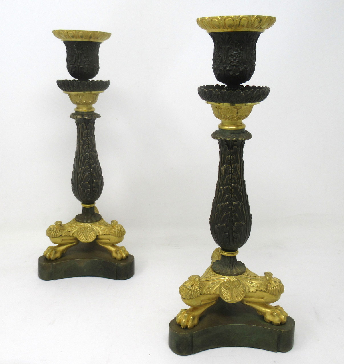 425. Pair of Ormolu Patinated Gilt Bronze Acanthus Empire-Style Candlesticks 19th Ct