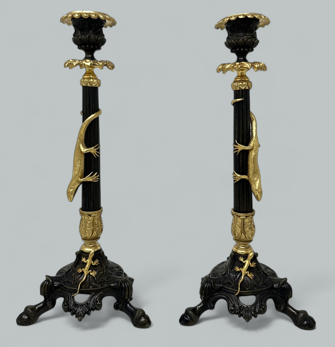 884. Antique Pair French Ormolu Gilt Bronze Dore Empire Candlesticks with Lizards 19C - Image 2