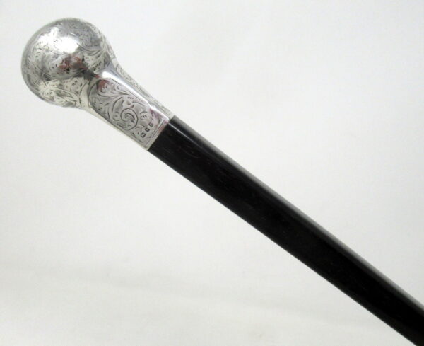 929. Antique Vintage Ebony Walking Stick Cane John Taylor Sterling Silver Mount 1920
