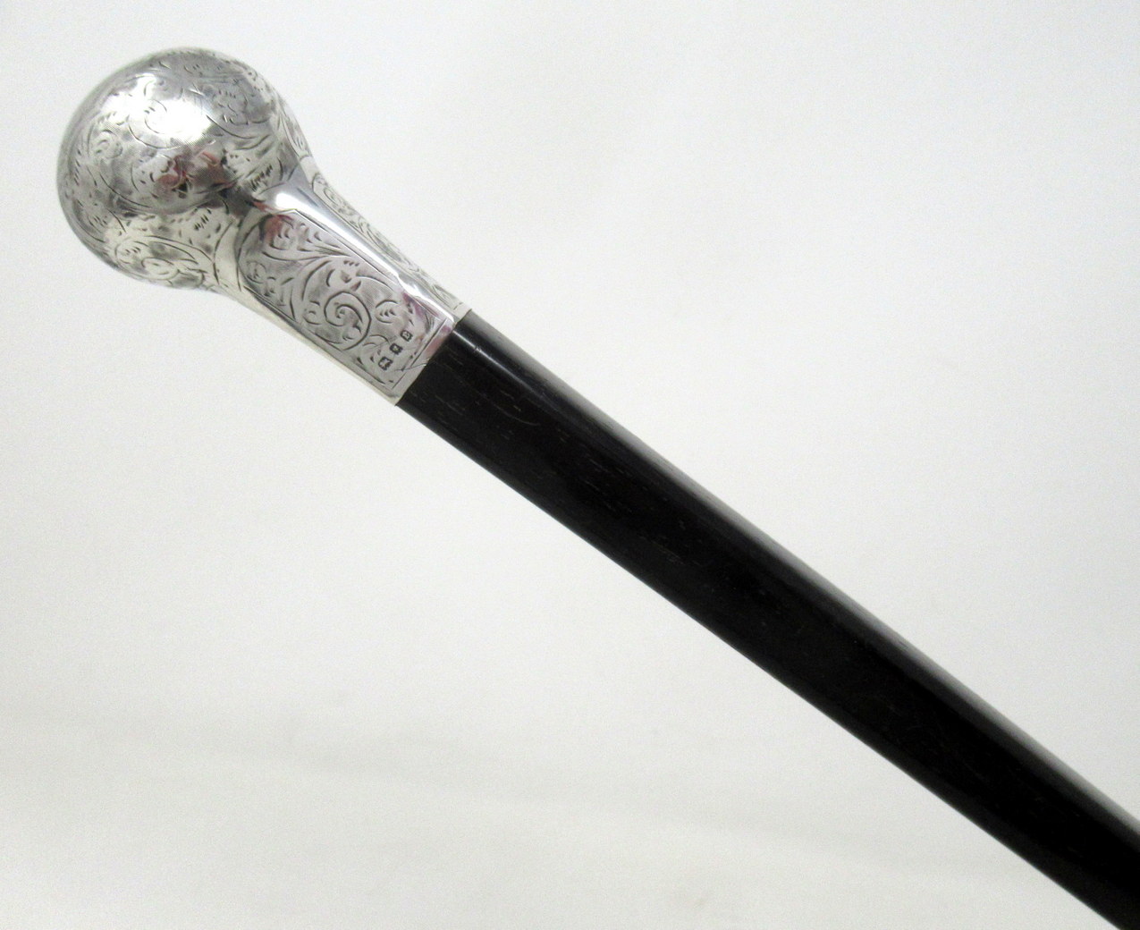 929. Antique Vintage Ebony Walking Stick Cane John Taylor Sterling Silver Mount 1920