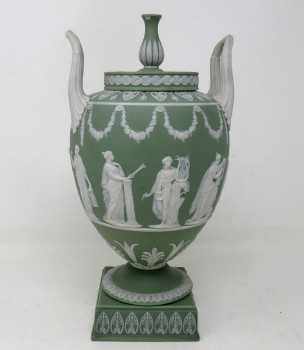 229. Antique Green Wedgwood Jasperware Ceramic Urn Vase after John Flaxman Cherubs