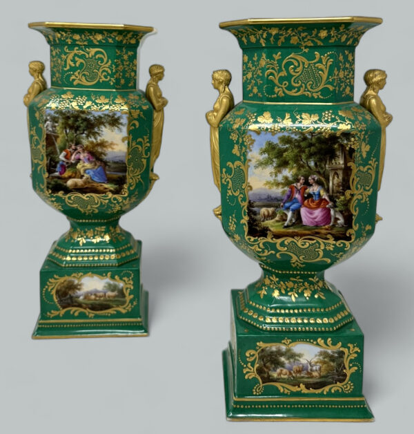 592. Antique Pair French Sèvres Porcelain Gilt Mounted Urns Vases Centerpieces 1830