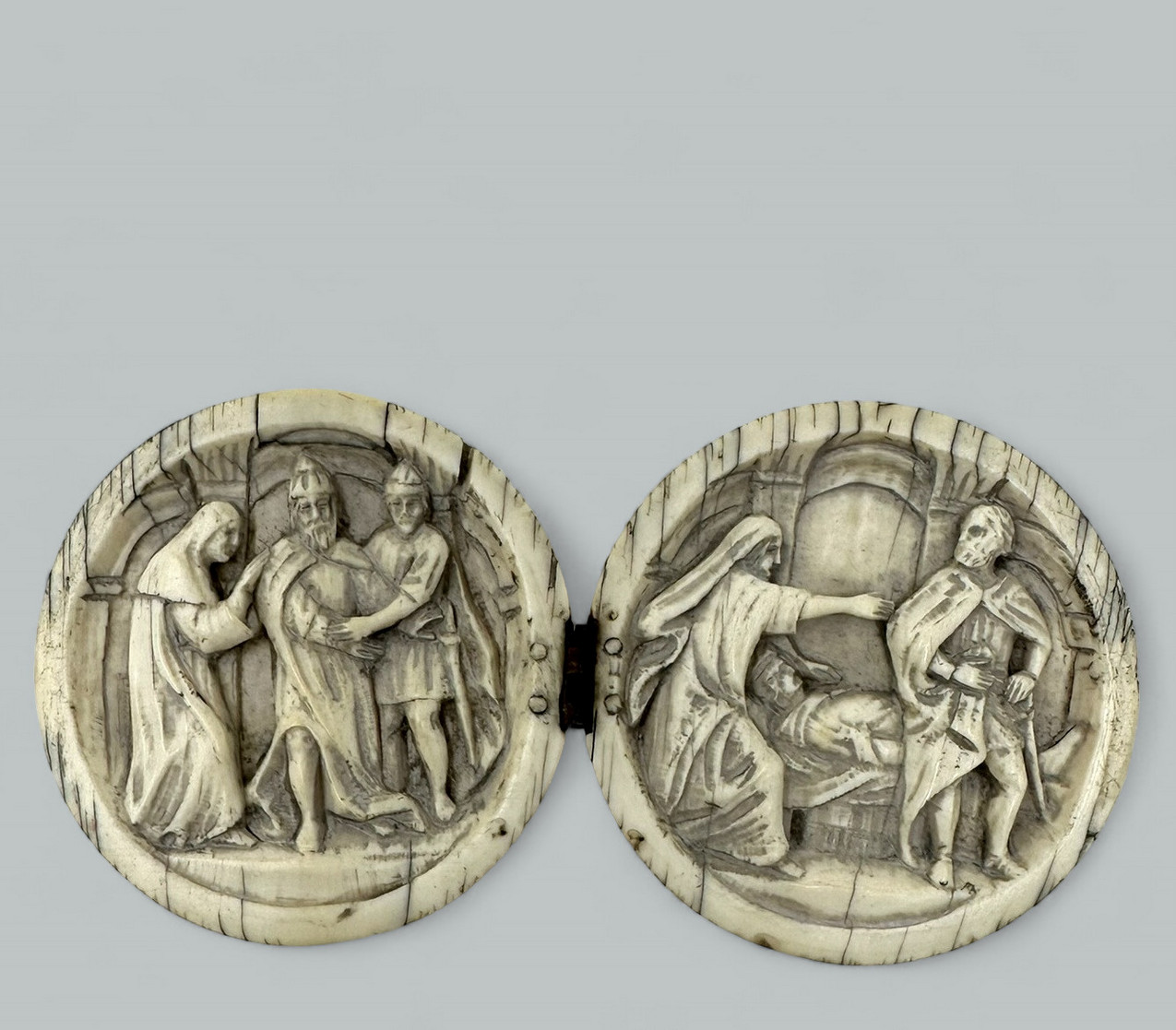 981. Antique Hand Carved Grand Tour Ivory Spheres Diptych Form 19th Century - Image 3