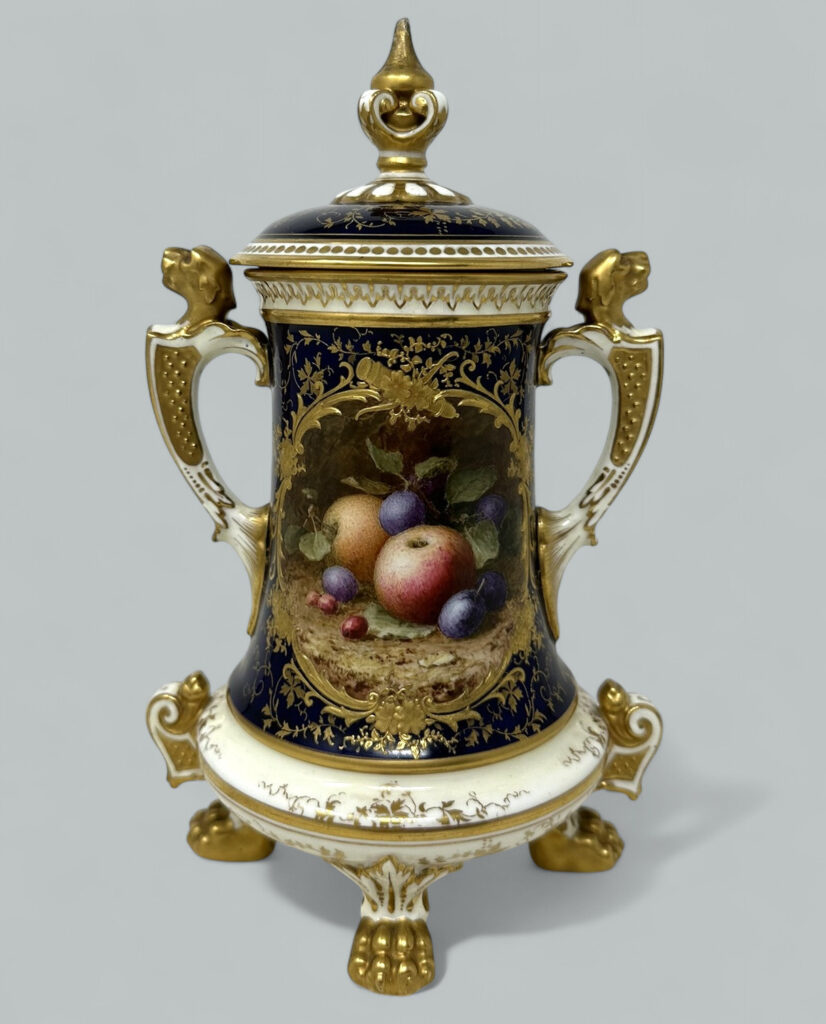 372. Antique Coalport Hand Painted Vase Urn Frederick Chivers Still Life Fruits 1910