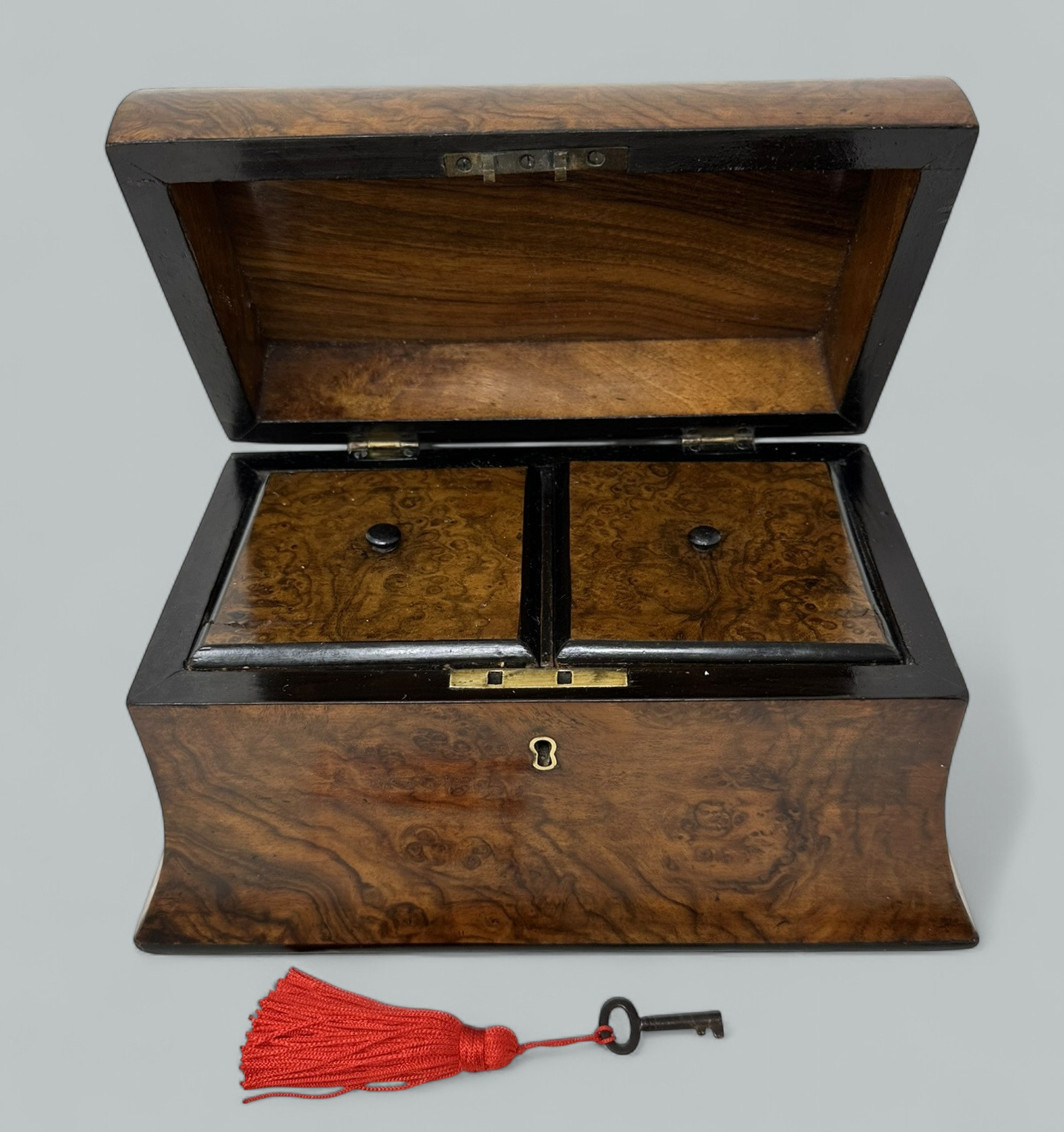 430. Antique English Burl Burr Walnut Wooden Victorian Double Tea Caddy 19th Century - Image 2