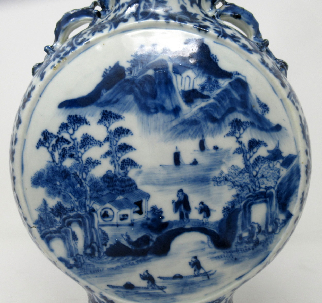 328. Superb LARGE Chinese Export Porcelain Hand Painted Blue White Moon Flask 19th Ct - Image 7