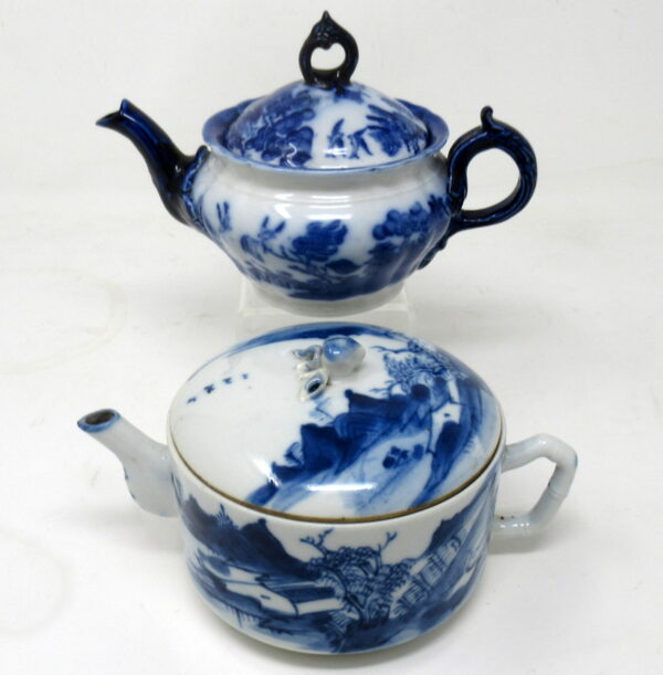 593. Antique Chinese Blue White Qing Dynasty and English Flo Blue Victorian Teapot