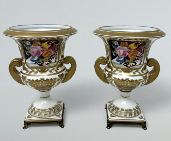 359. Antique Pair French Edwardian Campana Porcelain Urns Vases Still Life Flowers