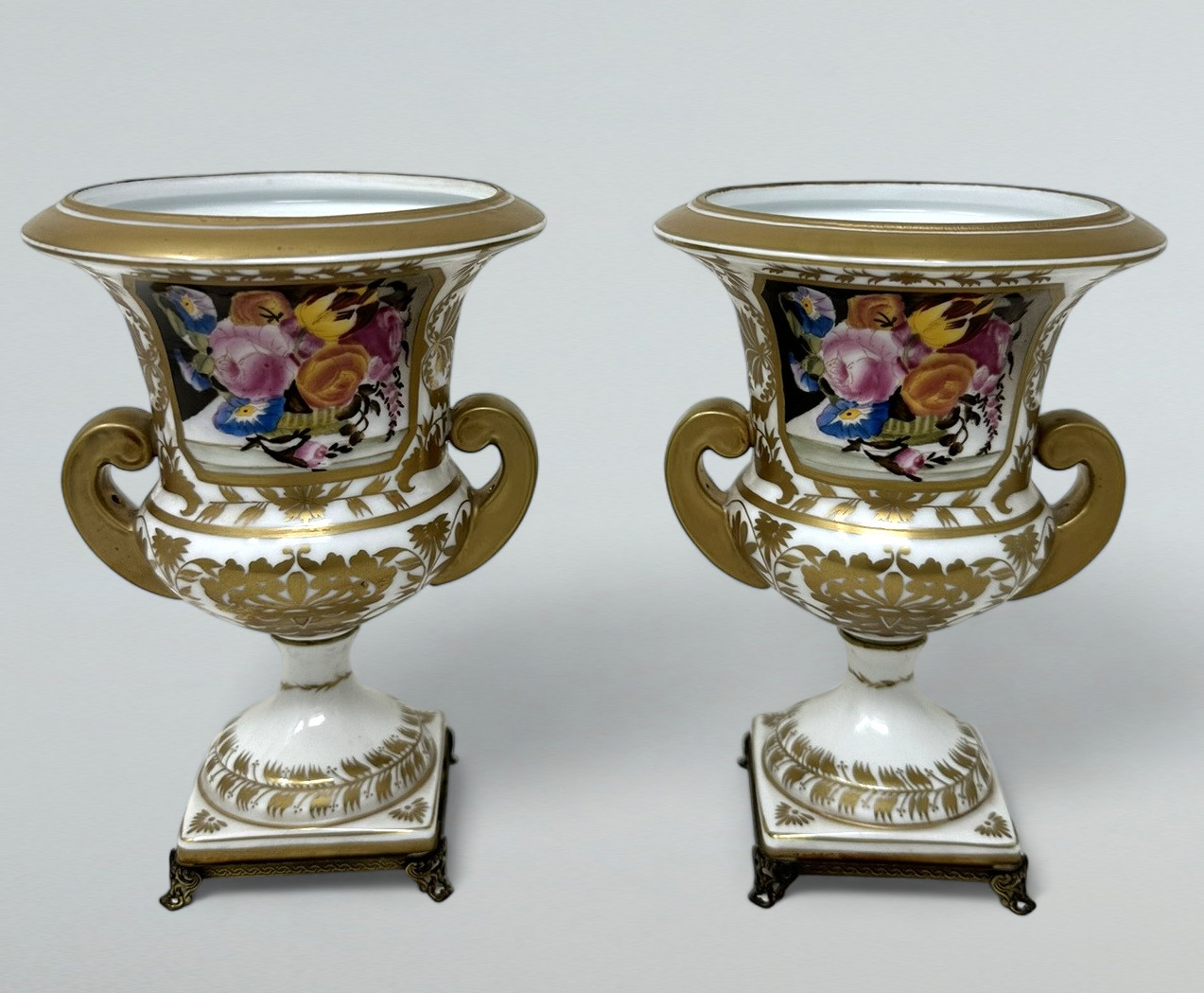 359. Antique Pair French Edwardian Campana Porcelain Urns Vases Still Life Flowers