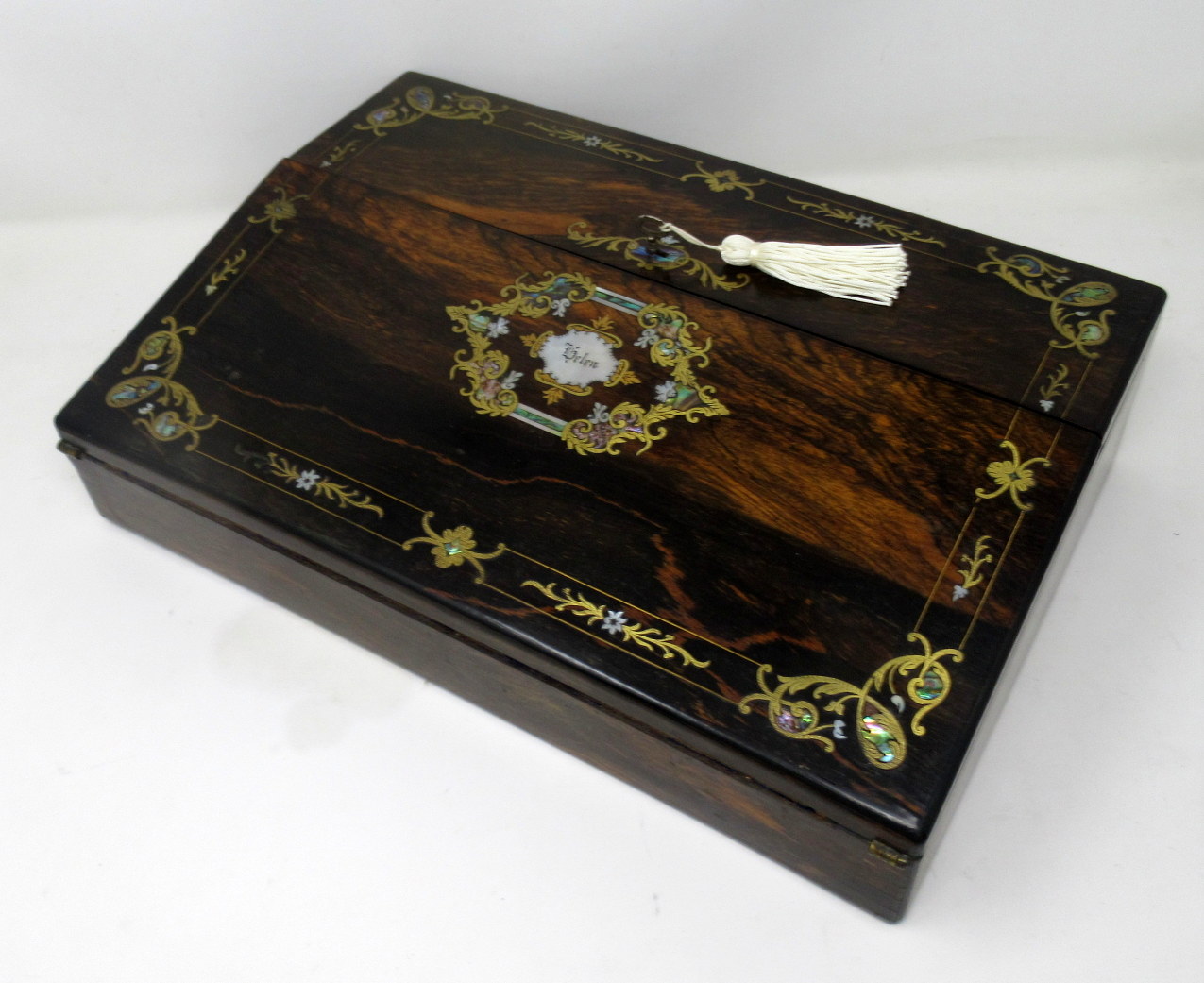 616. Irish Coromandel Mother of Pearl Writing Slope Box by Austins Dublin, circa 1860