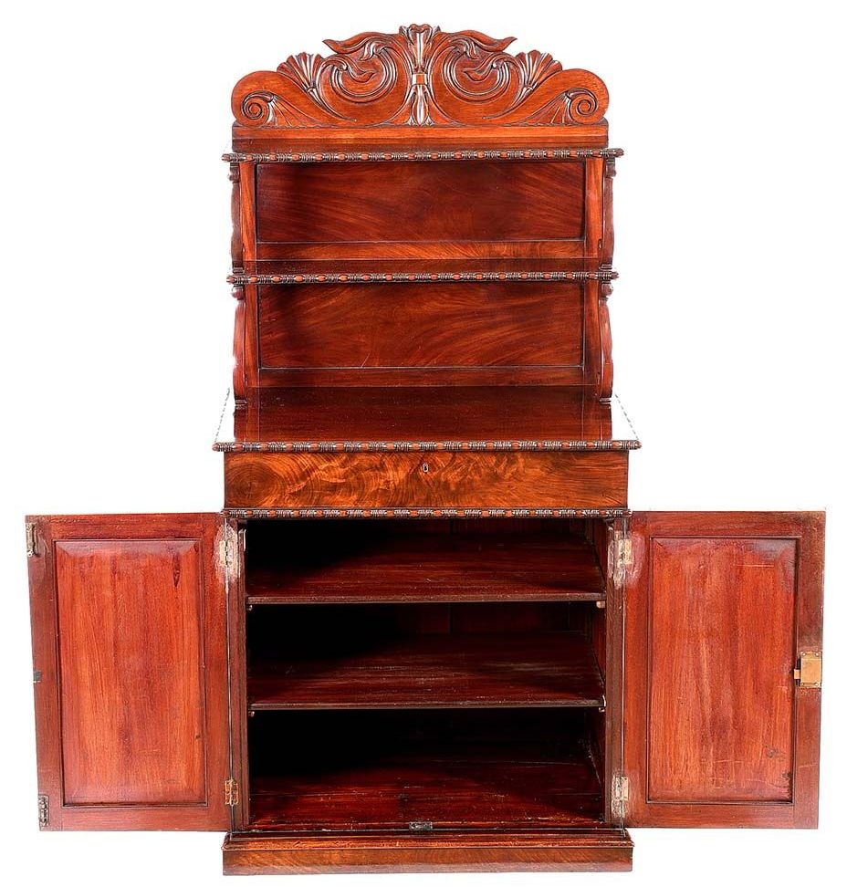 451. Flame Mahogany Twin Door English Carved Chiffonier Sidecabinet Late Regency - Image 5