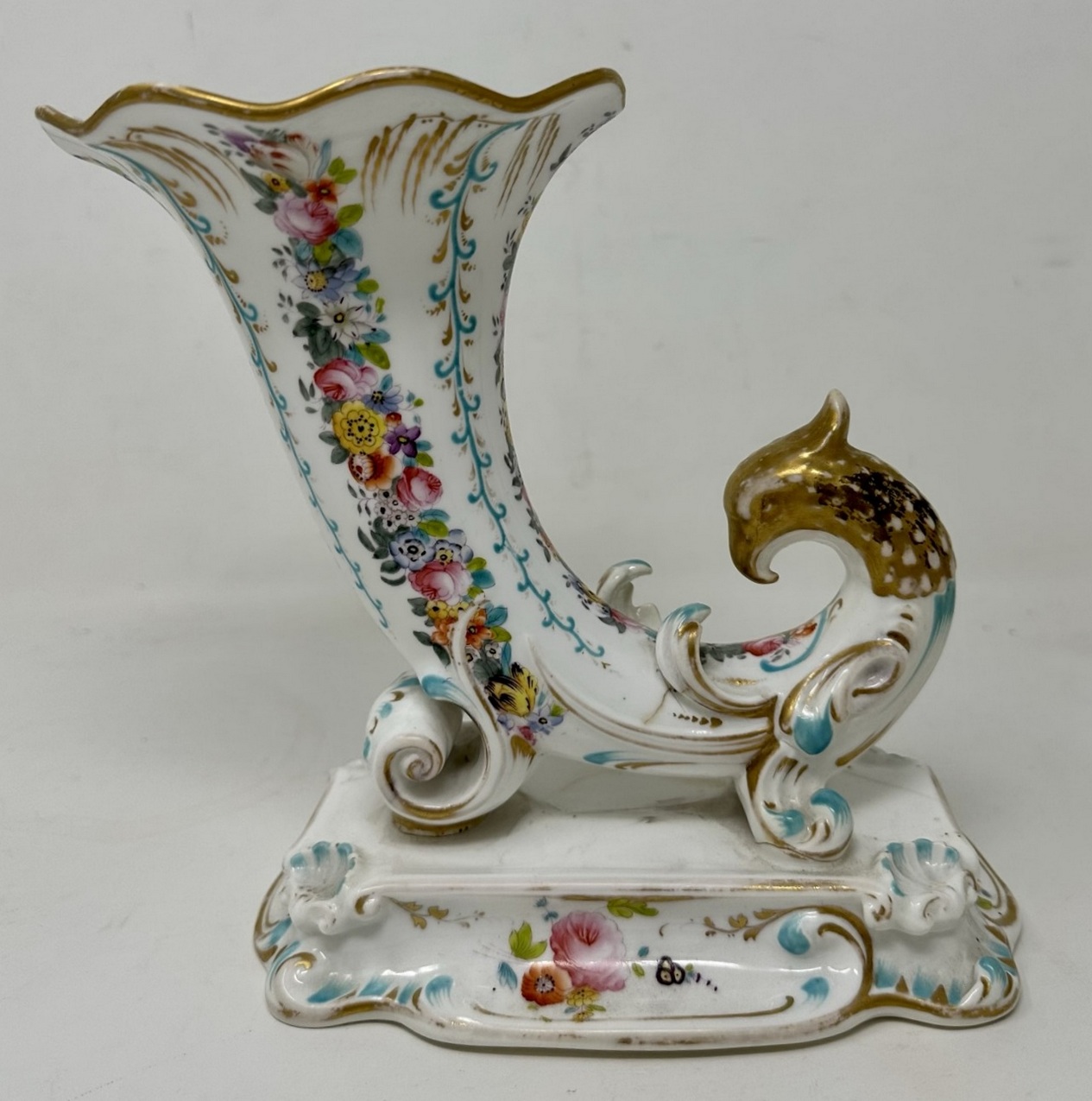 542. Antique Pair English Porcelain Cornucopia Vases Still Life Flowers Rockingham - Image 5