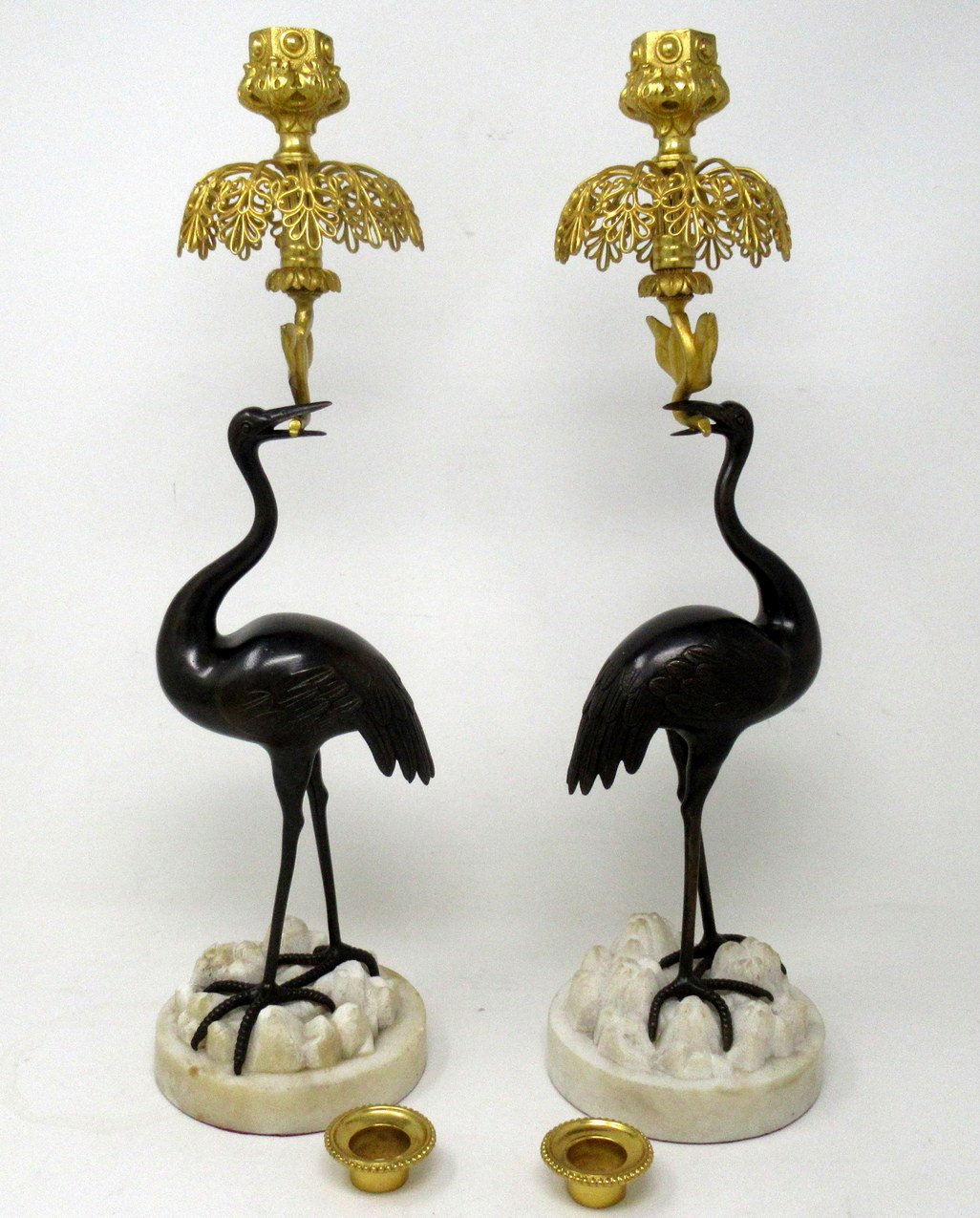 136. Antique Pair of English Ormolu Gilt Bronze Candlesticks Storks Cranes by Abbot - Image 4