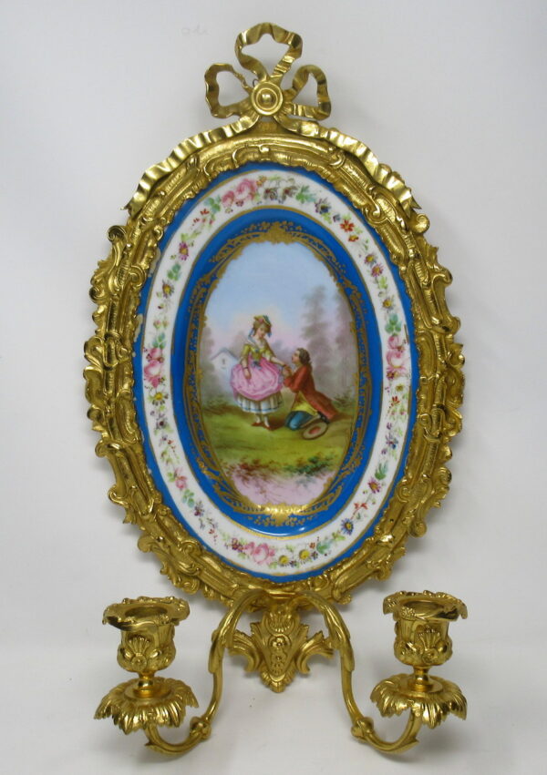 604. Fine Oval French Ormolu Mounted Sevres Porcelain Twin Light Wall Applique 19thCt