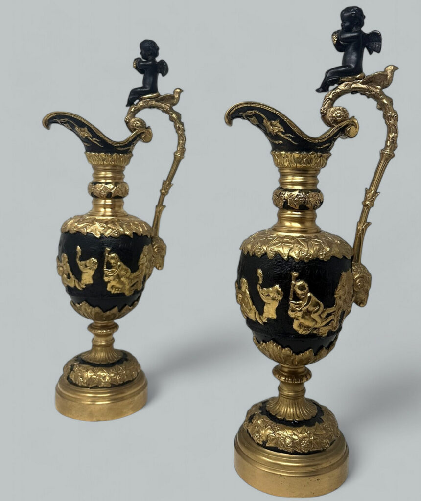 570. SOLD. Antique Pair French Bronze Ormolu Ewers Vases Manner of Claude Michel Clodion