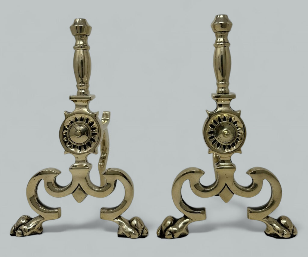 943. Antique Pair English Country House Victorian Brass Fireplace Fire Dogs Andrions