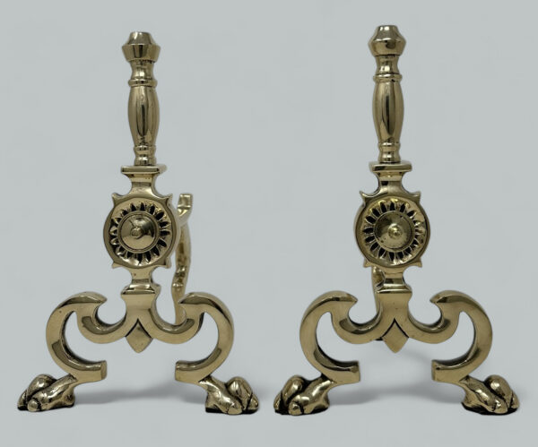 943. Antique Pair English Country House Victorian Brass Fireplace Fire Dogs Andrions