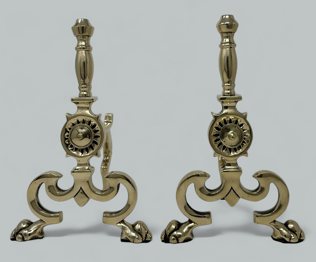 943. Antique Pair English Country House Victorian Brass Fireplace Fire Dogs Andrions