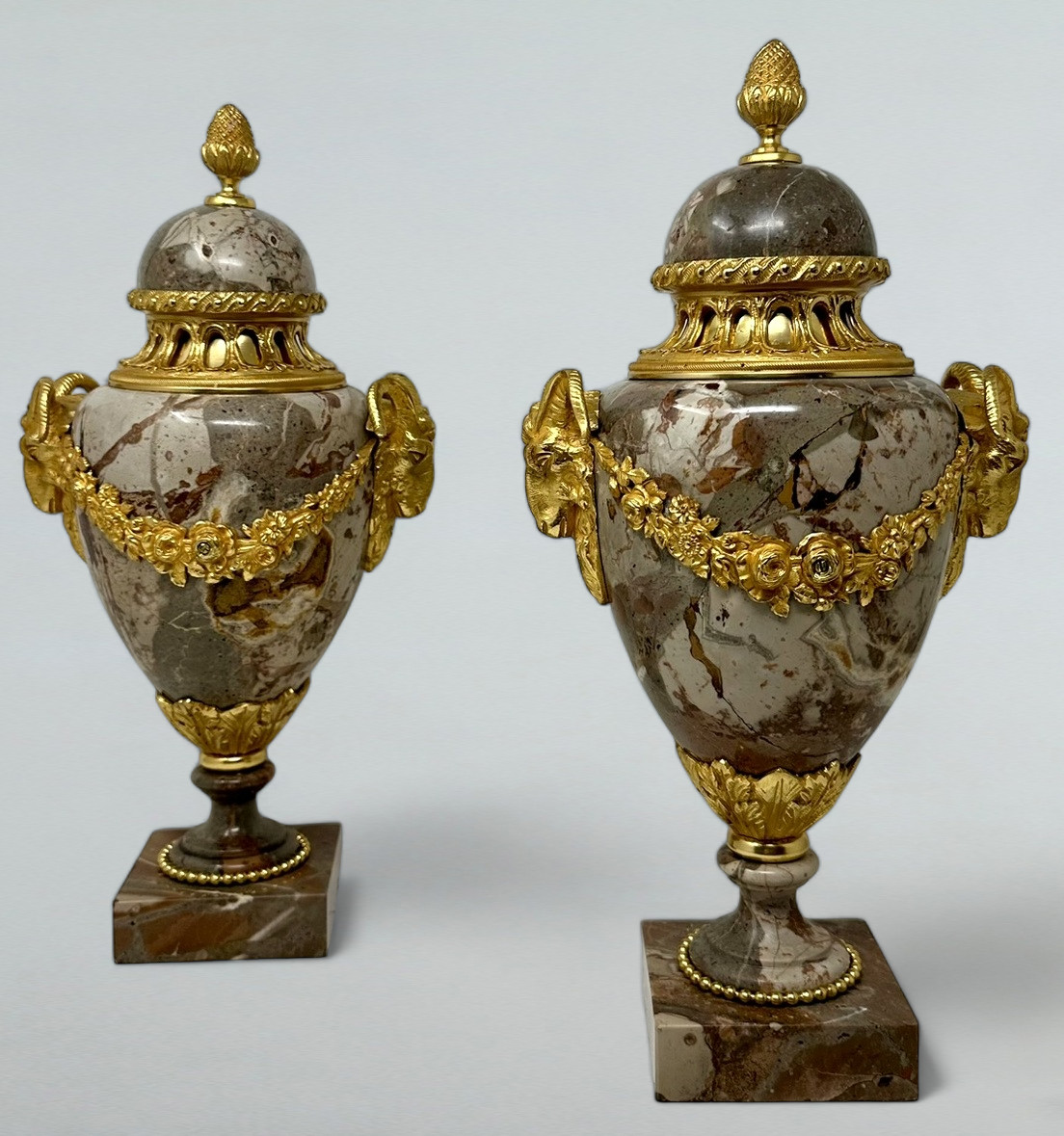 154. Antique Pair French Sarrancolin Marble Gilt Bronze Ormolu Urns Vases Grand Tour - Image 2