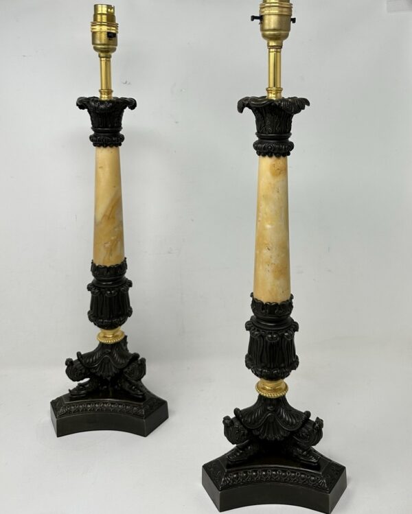 388. Antique Pair of French Doré Bronze Ormolu Sienna Marble Candlesticks Table Lamps