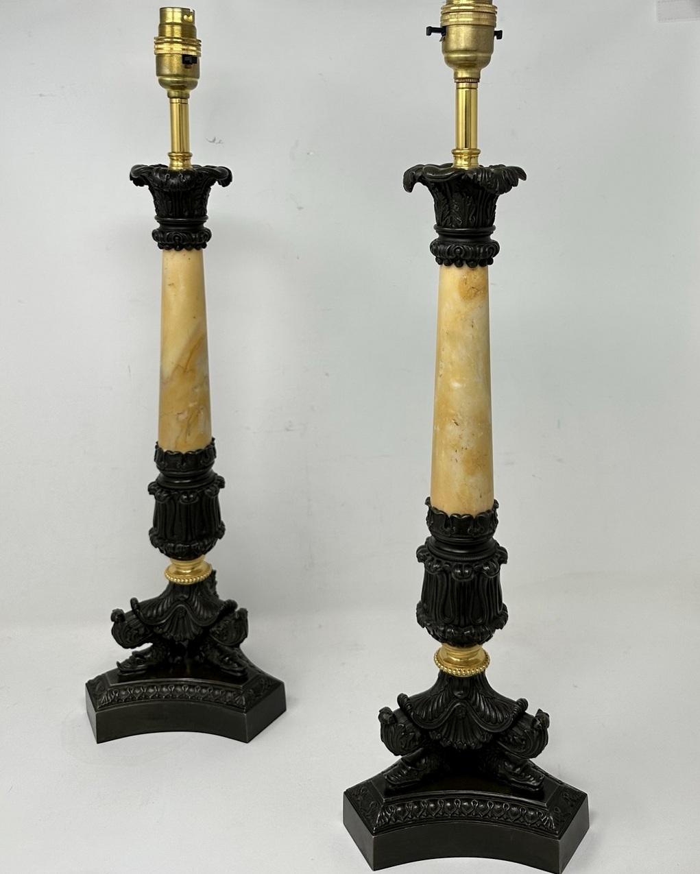 388. Antique Pair of French Doré Bronze Ormolu Sienna Marble Candlesticks Table Lamps