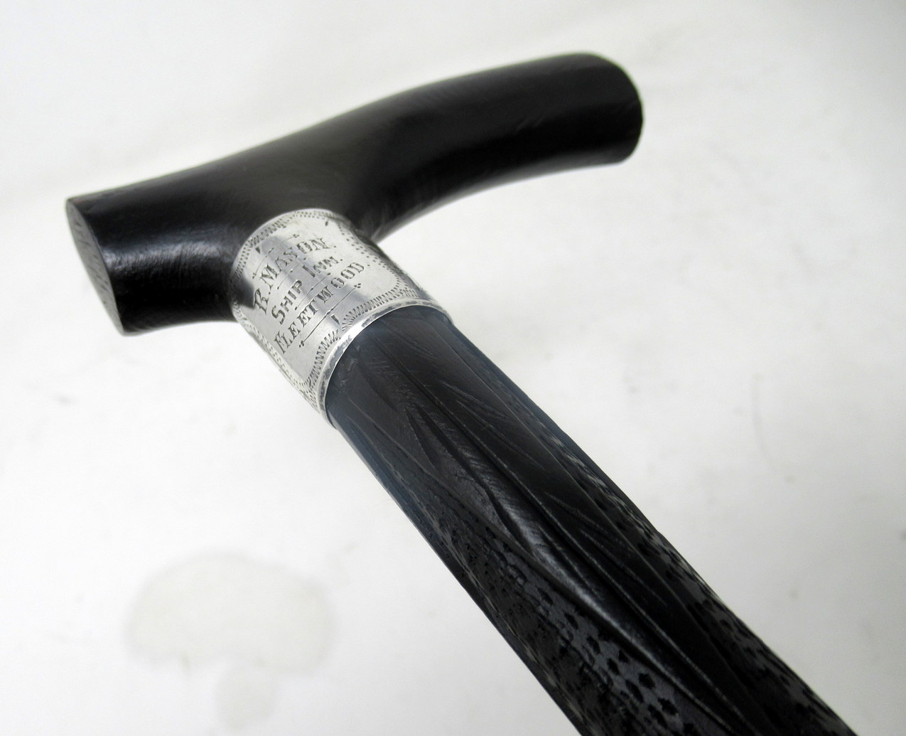 001. Fine Hand Carved Irish Bog Oak Walking Stick Silver Collar Hallmark 1901 - Image 5