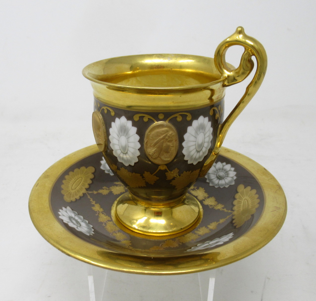 155. Antique Sevres Style Paris Porcelain Gilt Tea Cup Saucer Alexander Great Dante - Image 2