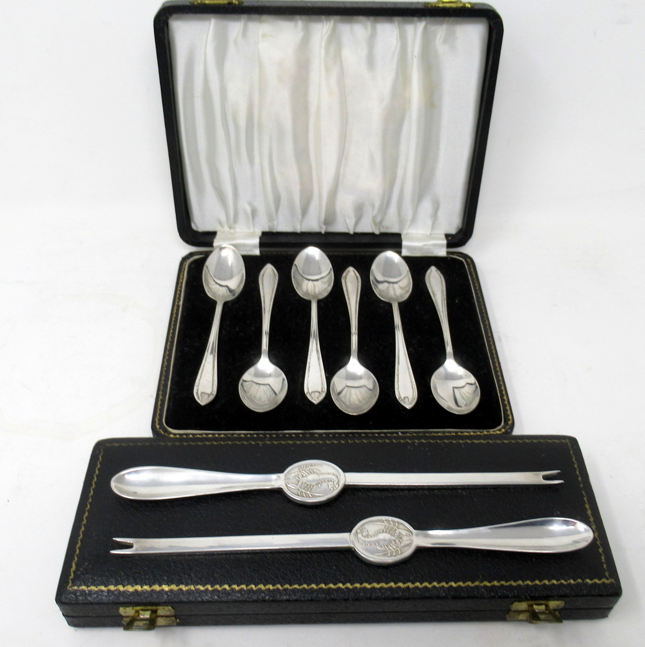 538. Antique Vintage Set Six English Sterling Silver Tea Spoons Pair Lobster Picks - Image 2
