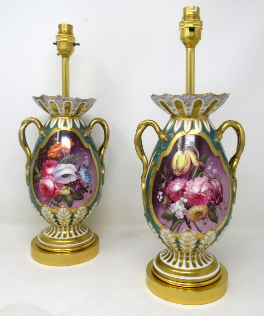 539. SOLD. Antique Pair English Staffordshire Porcelain Table Lamps Ridgway or Rockingham