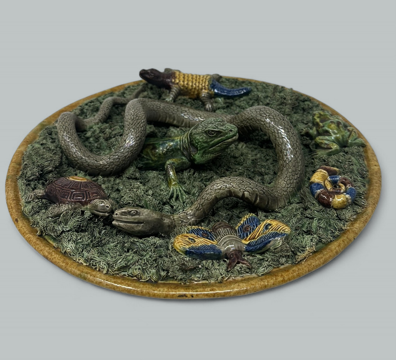 447. Antique Majolica Palissy Portuguese Charger by Jose A Cunha Butterfly Snake 1905 - Image 3