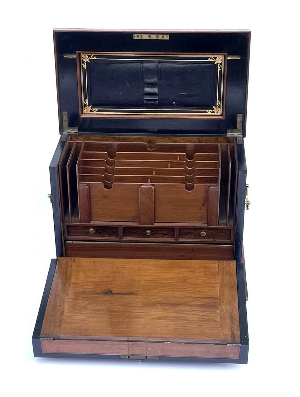 936. Antique Victorian Traveling Wooden Burl Walnut Writing Slope Stationary Box 19c - Image 11