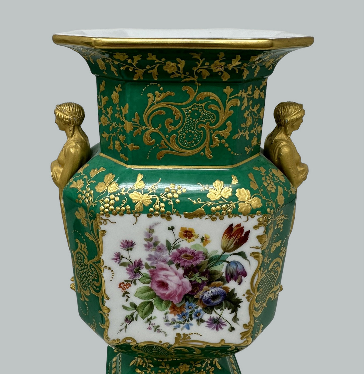 592. Antique Pair French Sèvres Porcelain Gilt Mounted Urns Vases Centerpieces 1830 - Image 6