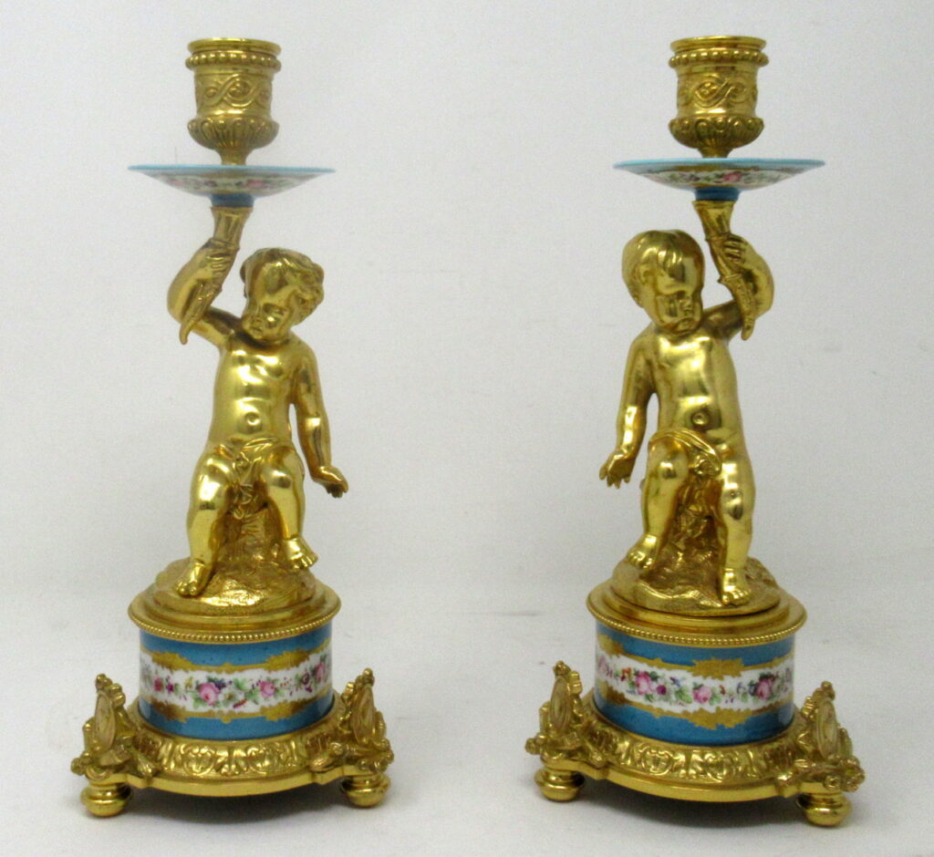 614. Antique Pair Ormolu Sèvres Porcelain Gilt Bronze Celeste Candlesticks Candelabra