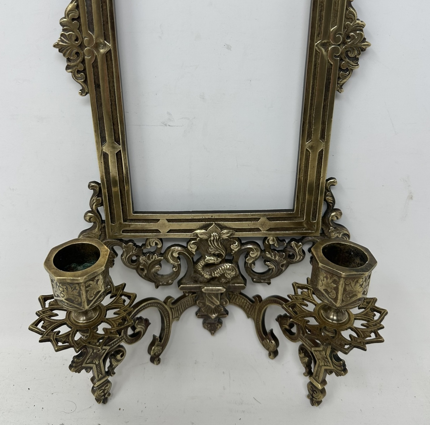 078. Antique Pair French Brass Girandole Wall Applique Sconces Mirrors Candlesticks - Image 8