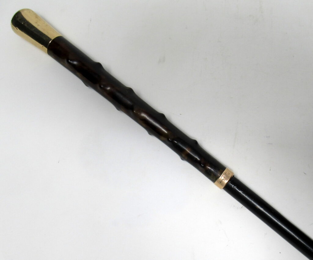 037. Rare Frank Alfred Walking Cane Carved Tortoiseshell Grip 9ct  Gold Collar London Hallmark 1905