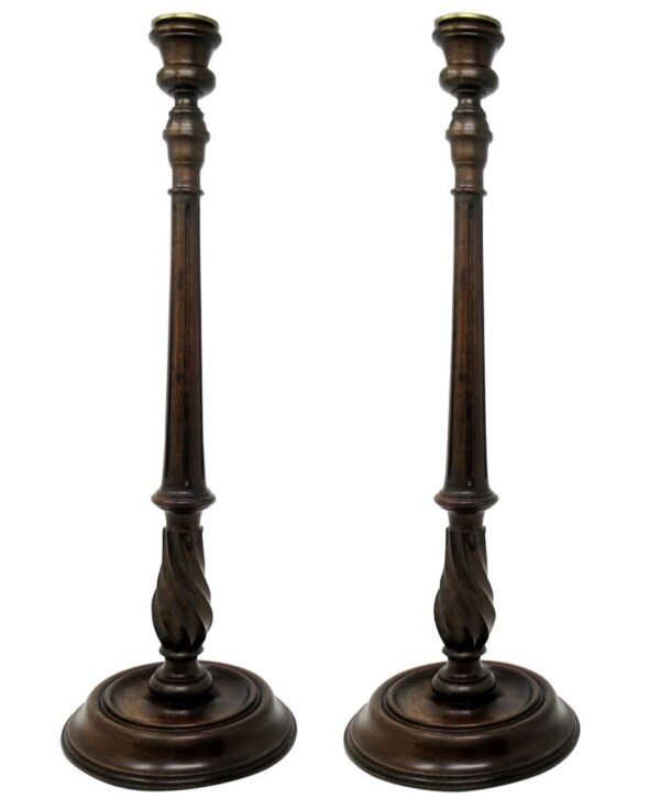 491. Antique Pair Solid Mahogany Walnut Carved Treen Desk Candlesticks Candelabra 19th Century