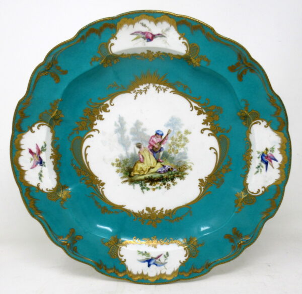 487. Antique French Sevres Porcelain Celeste Blue Gilt Cabinet Plate Centerpiece 19C