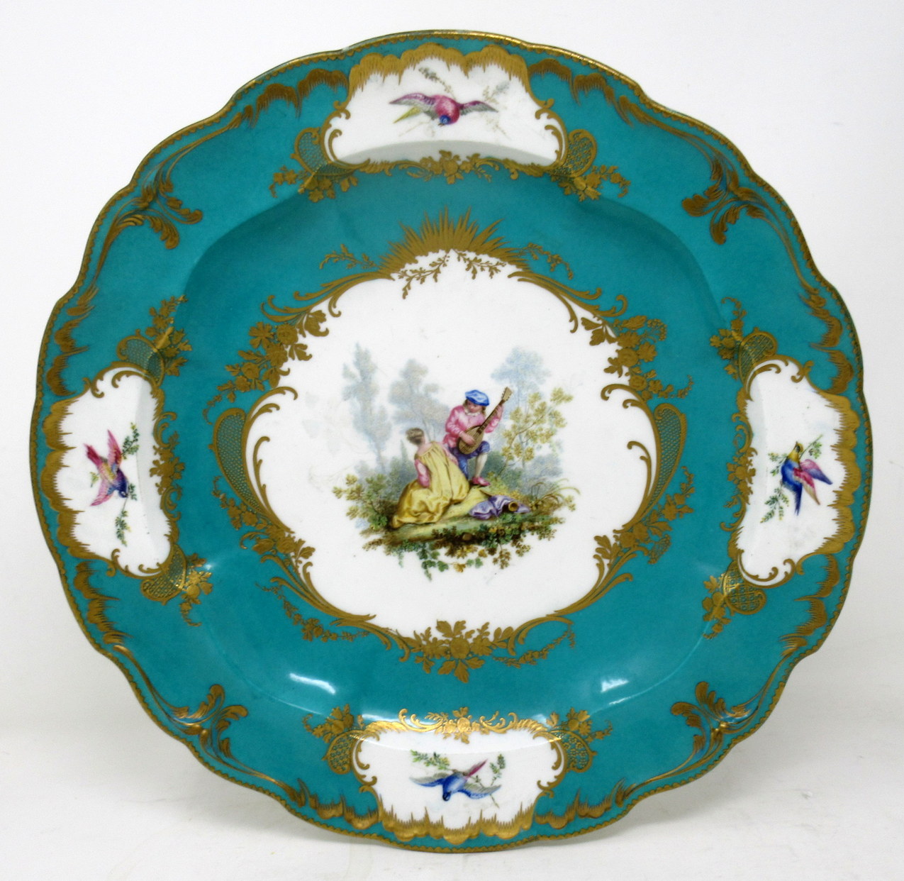 487. Antique French Sevres Porcelain Celeste Blue Gilt Cabinet Plate Centerpiece 19C