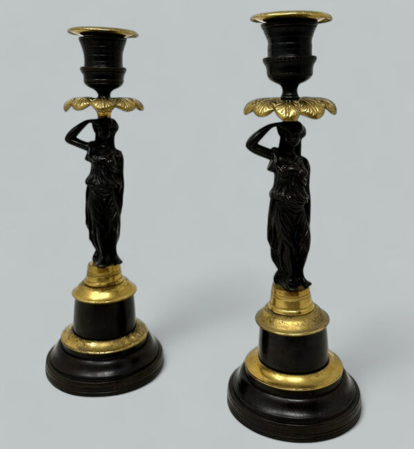 221. Antique Pair of French Ormolu Gilt Bronze Empire Candlesticks Egyptian Figures