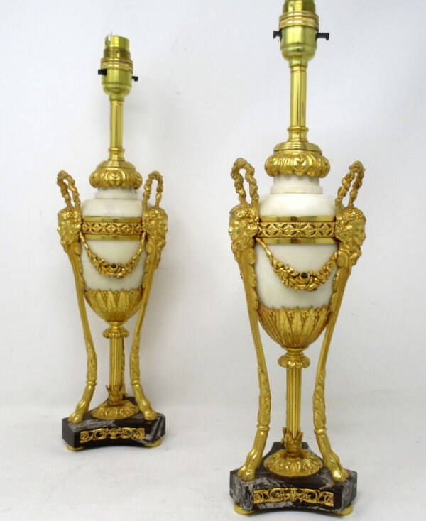 872. Antique Pair French Regency Grand Tour Ormolu Gilt Bronze Cream Marble Urns Table Lamps